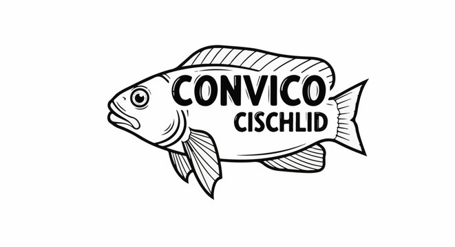 Stylized black and white illustration of a cichlid fish with text