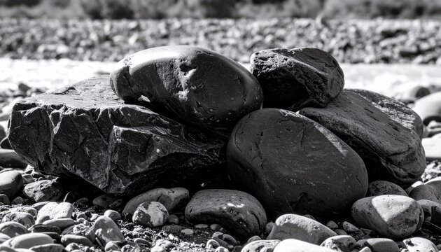 A monochromatic close-up of dark, smooth basalt stones, casually piled on a rocky riverbed, showcasing their heavy texture and natural formation.