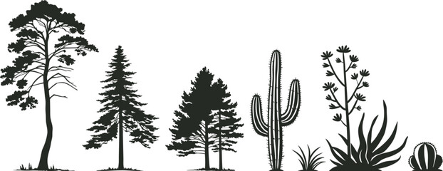 Tree and cactus silhouette set with forest and desert plants collection. Nature landscape elements ideal for outdoor themes travel design and ecological concepts. Clean vector illustration. © Parul