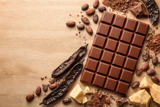 Birds eye view of milk chocolate bar combined with carob cocoa butter and whole cocoa beans on a light timber surface with copy space