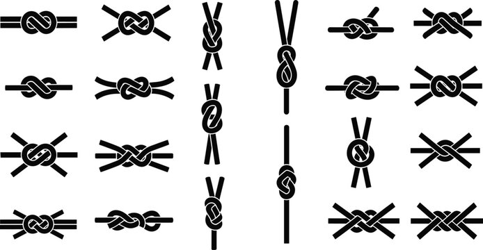 Rope knot icon set featuring minimalist black vector silhouettes of various nautical hitches, climbing knots, decorative ties, and heavy cordage for industrial use.