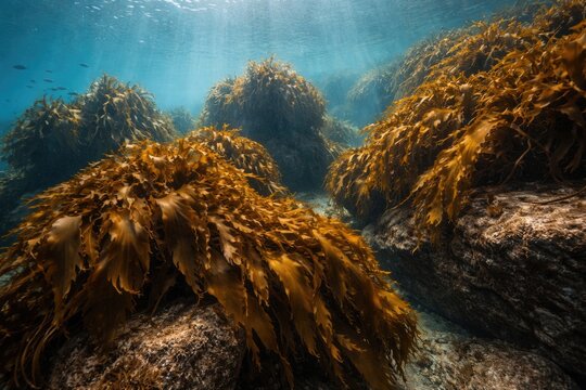 Dense growth of brown kelp Ecklonia radiata attached to underwater rocks