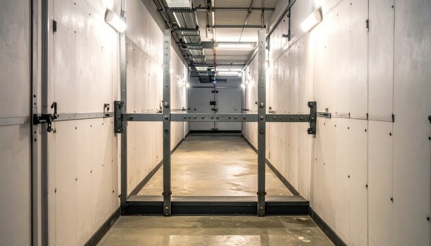 A robust reinforced metal barrier with multiple crossbars secures a dimly lit basement doorway, showcasing industrial-grade protection in a long, narrow hallway.