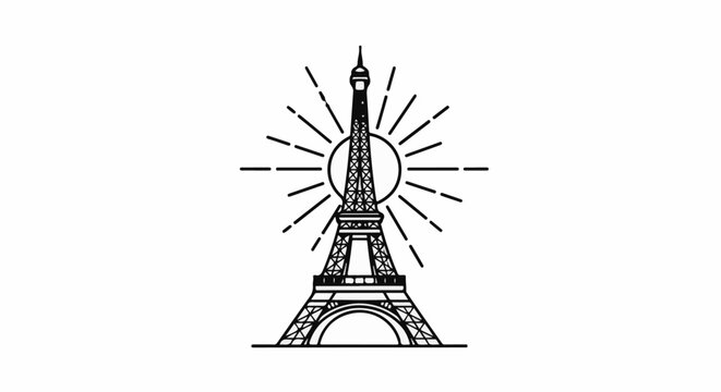 Stylized illustration of a famous Parisian landmark against a radiating sun