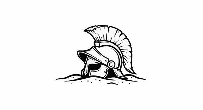 Ancient warrior helmet partially buried in sand