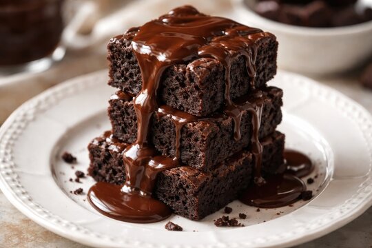 Chocolate brownies topped with thick chocolate sauce on elegant white dish