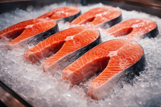 Close up perspective of red fish steaks chilled on an ice bed in frozen display case
