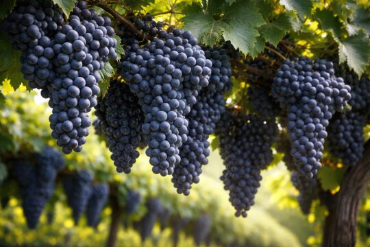 Healthy Corvina Veronese grape clusters growing densely on vineyard vines