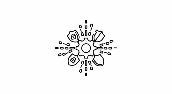 Central gear connects to surrounding shields and data links in a circular pattern