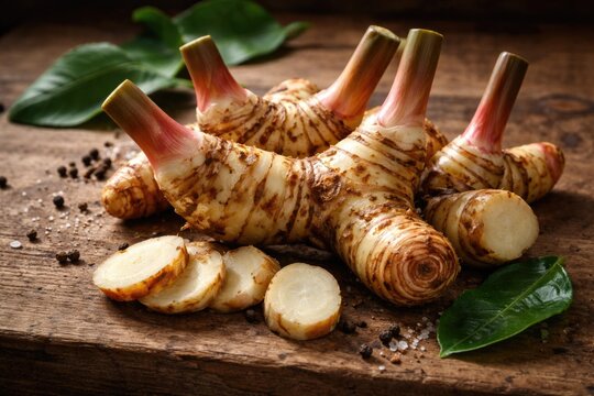 Organic galangal rhizomes displayed on wooden surface