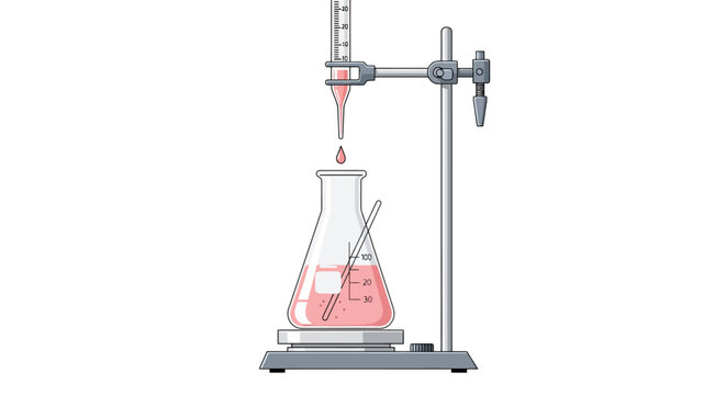 Laboratory titration setup with pink liquid in pixel art style