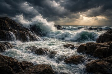 Fototapeta premium Turbulent ocean waters crashing along rocky shoreline under heavy clouds