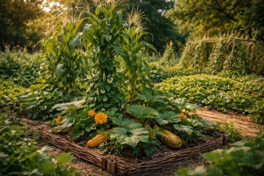 Sustainable permaculture garden with intertwined corn, squash, and bean plants growing in a milpa bed