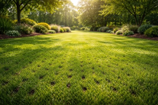 Lush aerated lawn scene featuring thriving grass and pest protected landscape with ample copy space for text