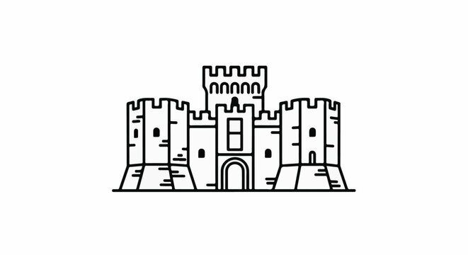 Black and white outline illustration of a fort with battlements and a central gate