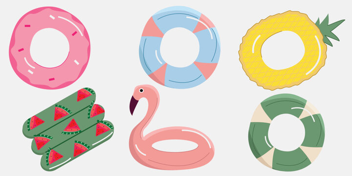 Colorful Summer Pool Floats Vector Collection-Inflatable Rings, Flamingo and Fruit Swim Float Set, Donut, Pineapple Beach Elements.