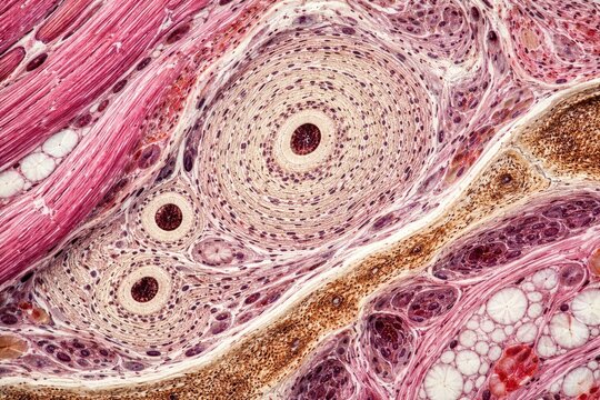 Human compact bone tissue pathology assessment including muscle and connective tissue under microscopy