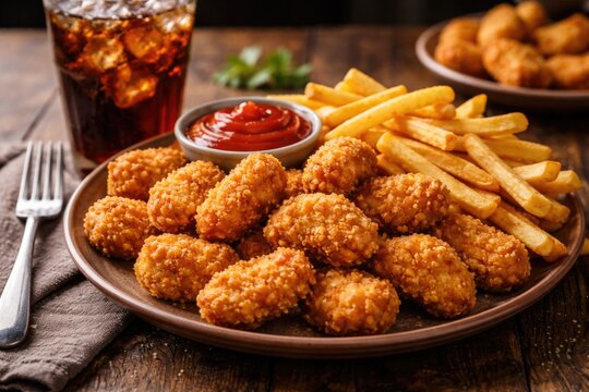 Crunchy chicken nuggets plated with crispy golden fries, classic ketchup and a refreshing cola