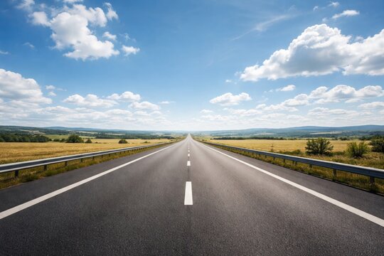 Long empty highway with ample copy space and serene blue sky