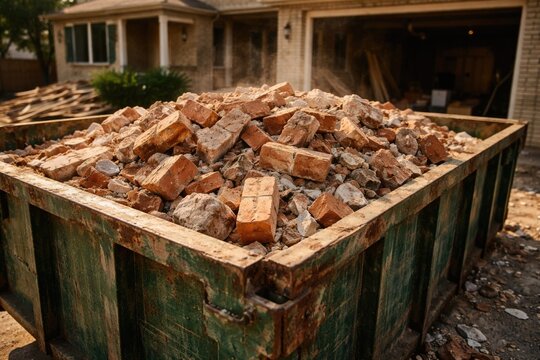 Dumpster filled with bricks from home renovation debris removal