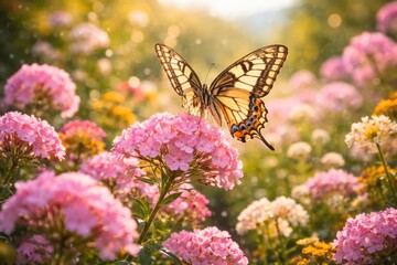 Fototapeta premium Joyful butterfly resting atop fragrant pink flowers in a blooming garden landscape