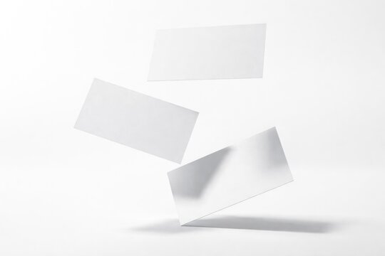 Abstract presentation of three airborne white business cards on a spotless white backdrop for design showcase