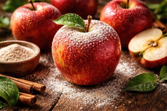 Juicy red apples topped with apple pectin dust on natural wood backdrop