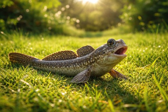 Energetic mudskipper pet enjoying sunlit green grass lawn in full length summer scene