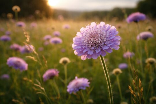 Colorful flower of field scabious plant in open countryside