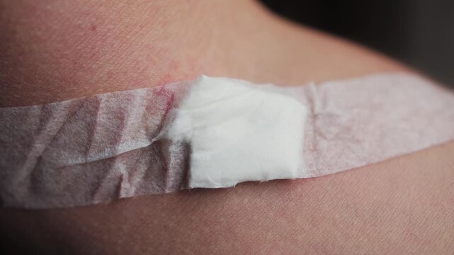 Close-up footage of an adhesive bandage applied to human skin, illustrating minor injury care and wound healing. High quality 4k footage