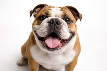 Obraz premium Happy bulldog making eye contact on smooth white studio backdrop