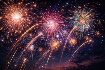 Fototapeta premium Dynamic night sky filled with glowing fireworks and sparkling trails