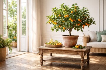 Fototapeta premium Bright summer lounge showcasing calamondin citrus tree in pot on rustic antique table and wood flooring with moulded trims copy space