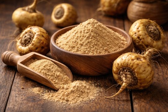natural maca root powder and whole maca roots arranged on wooden surface