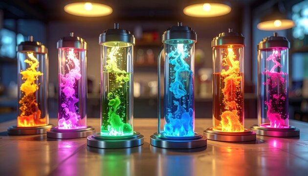Captivating glowing liquids swirling within transparent glass cylinders, illuminating a modern laboratory shelf with vibrant, stratified colors.