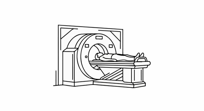 Line art of a person lying on a medical scanner table, inside a large machine