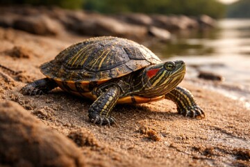 Obraz premium Curious red eared slider turtle crawling on sandy riverbank
