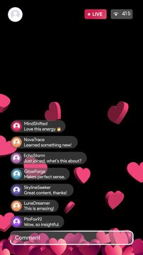 Live stream interface overlay with 3d hearts floating up,  chat comments viewer count animation, social media broadcast screen mockup, vertical video seamless loop content creator template