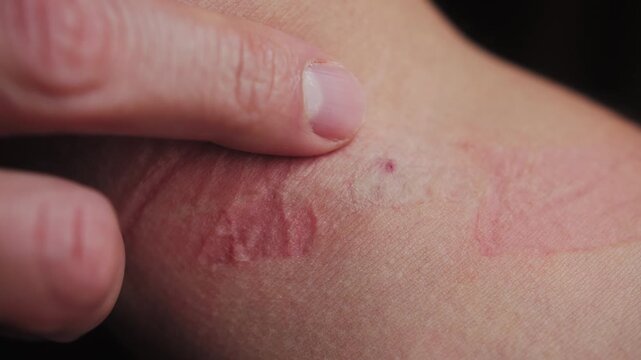 Close-up footage of a person touching the injection site on the arm after a blood draw from a vein, showing mild discomfort and sensitivity. High quality 4k footage