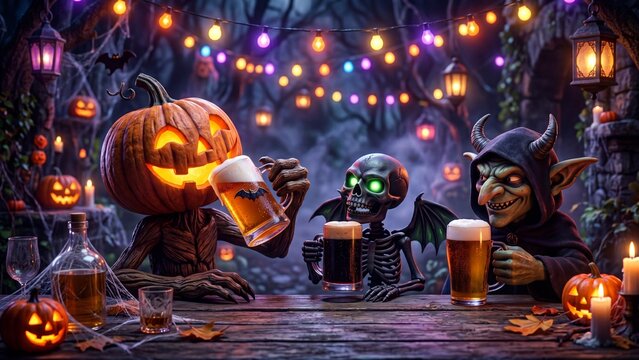 Jack-o-lantern skeleton and goblin toasting with beer mugs at wooden table. Spooky halloween gathering in misty forest ruins with lanterns and pumpkins. Autumn horror fantasy celebration concept