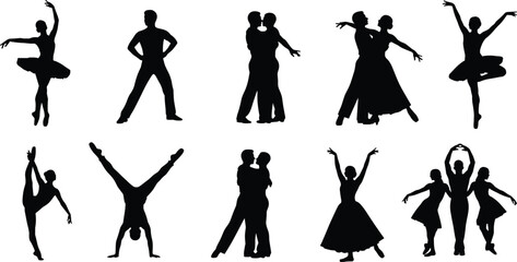 Variety of dance silhouettes featuring solo and couple performers, ballet, ballroom, and expressive poses showcasing elegance, rhythm, and artistry © Kajal