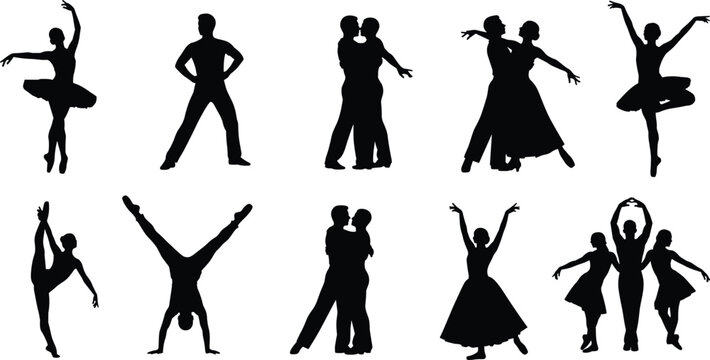 Variety of dance silhouettes featuring solo and couple performers, ballet, ballroom, and expressive poses showcasing elegance, rhythm, and artistry