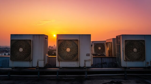 A row of air conditioning condensers mounted on the rooftop, with a sunset sky and commercial building in the background