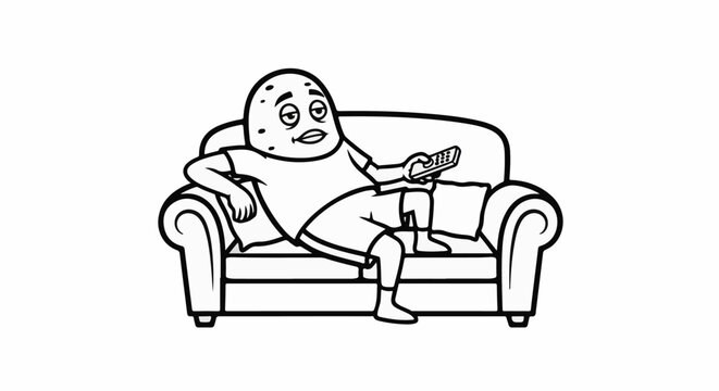 Cartoon potato character relaxing on a couch with a remote control