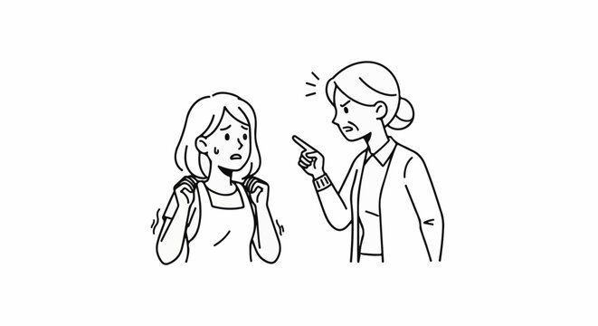 Frustrated adult scolds anxious youth, pointing finger
