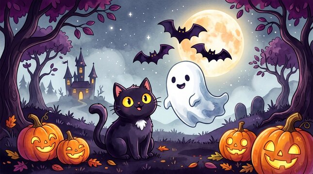 Cute black cat sitting with smiling ghost and jack-o-lantern pumpkins in spooky forest. Halloween night illustration for holiday greetings and autumn festivities