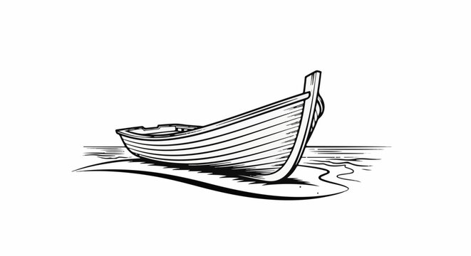 Rowboat rests on sandy shore with gentle waves lapping nearby