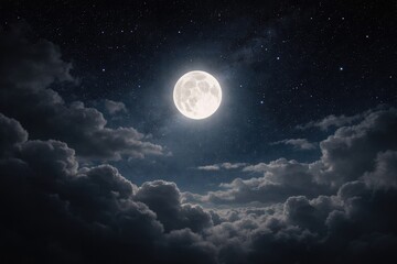Fototapeta premium Full moon glowing softly above cloud cover with stars scattered in night
