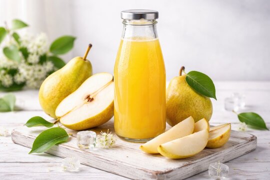 Bright yellow pear juice poured in glass bottle with sliced fruit arranged on white wood board for advertising mock up