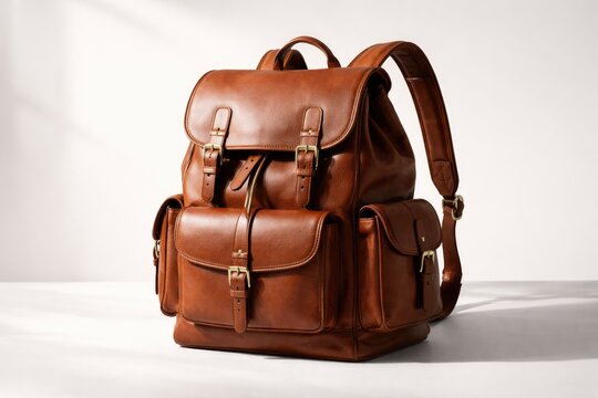 Chic brown leather backpack presented on a smooth white surface background
